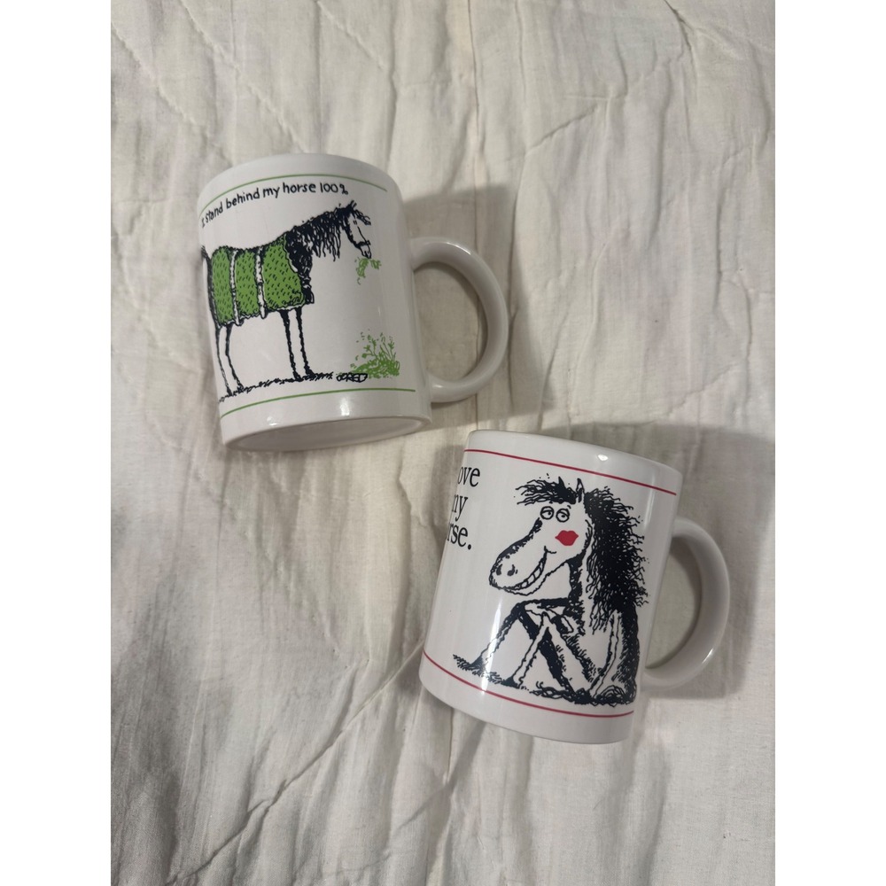 Vintage Jared D Lee Studio Horse Mugs Set of 2 Equestrian Humorous Ceramic 1989
